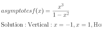 The asymptotes of f(x)=(x^3)/(1-x^2) is Vertical: x=-1,x=1,Horizontal: y=-x (slant)